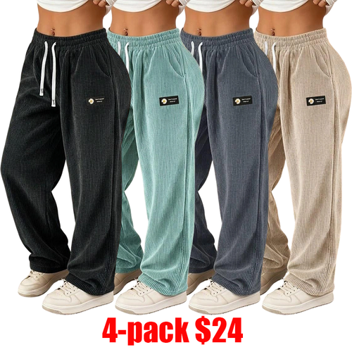 Women's 4-Pack Corduroy Pants – Straight-Leg Drawstring Casual Pants for All Seasons