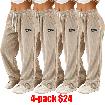 Women's 4-Pack Corduroy Pants – Straight-Leg Drawstring Casual Pants for All Seasons