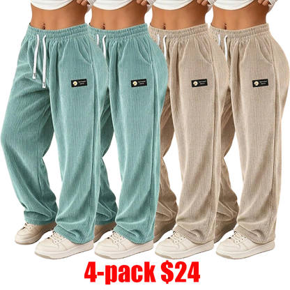 Women's 4-Pack Corduroy Pants – Straight-Leg Drawstring Casual Pants for All Seasons