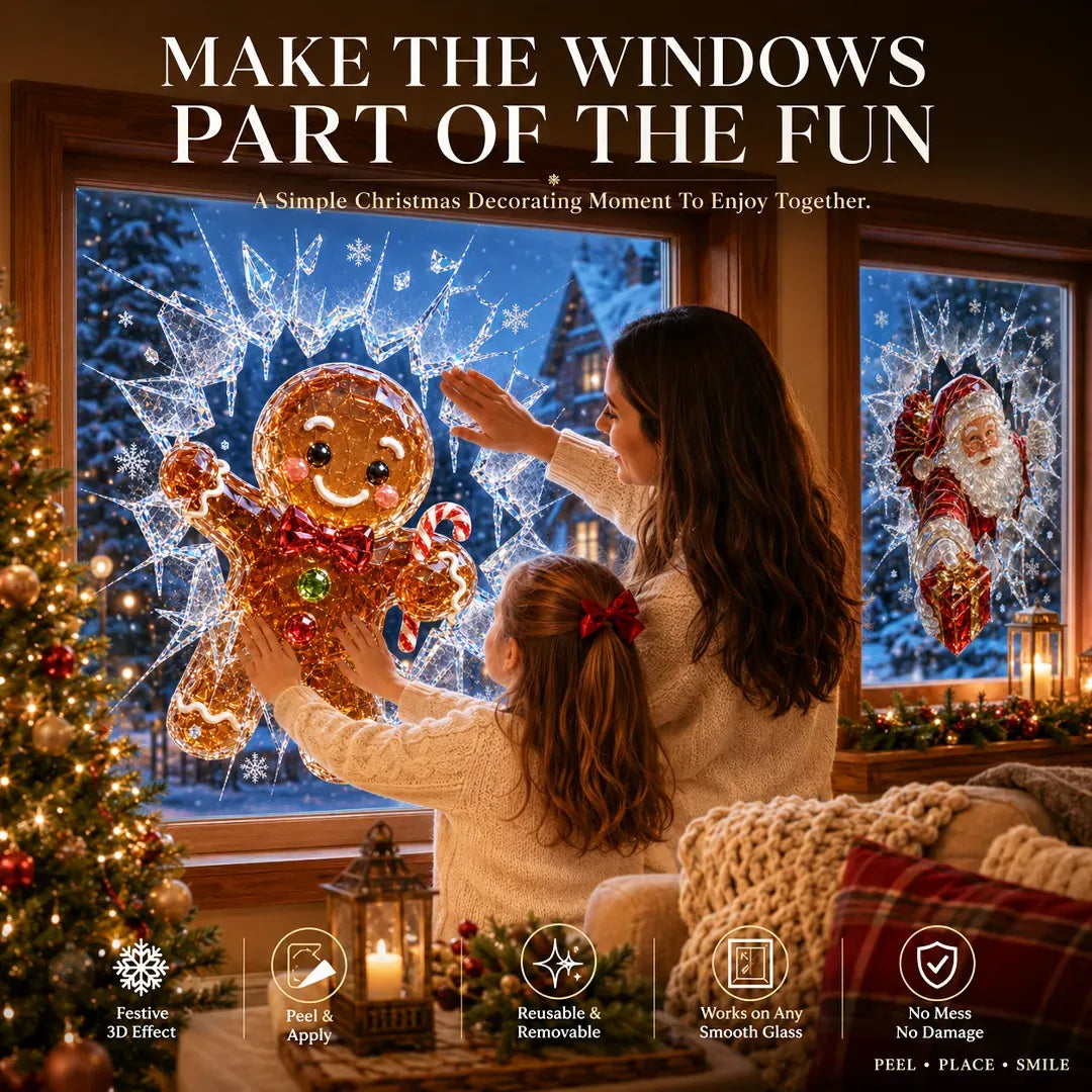 🎄Crystal Christmas Break-In Window Decal | 3D Shattered Glass Illusion with Sparkling Holiday Characters for Magical Window Decorations ✨🎅