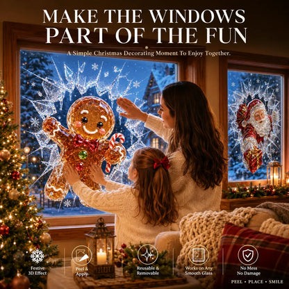 🎄Crystal Christmas Break-In Window Decal | 3D Shattered Glass Illusion with Sparkling Holiday Characters for Magical Window Decorations ✨🎅