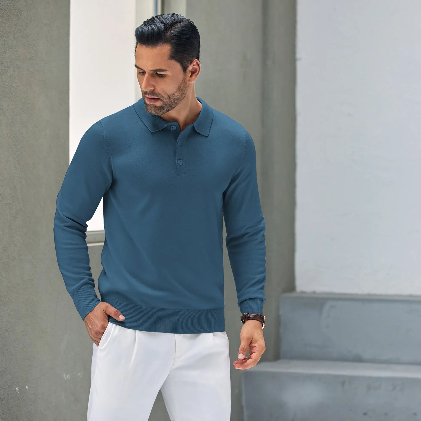 Men's Long Sleeve Knit Polo Shirt